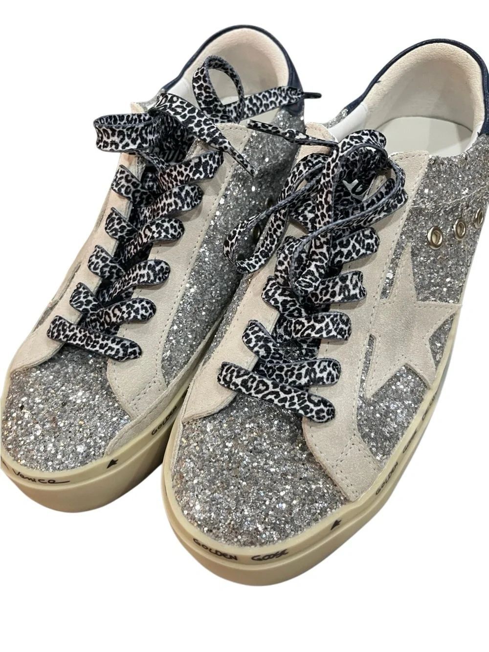 Golden Goose Super-Star Silver Glitter Navy Leather Leopard Laces EU 38 US 8